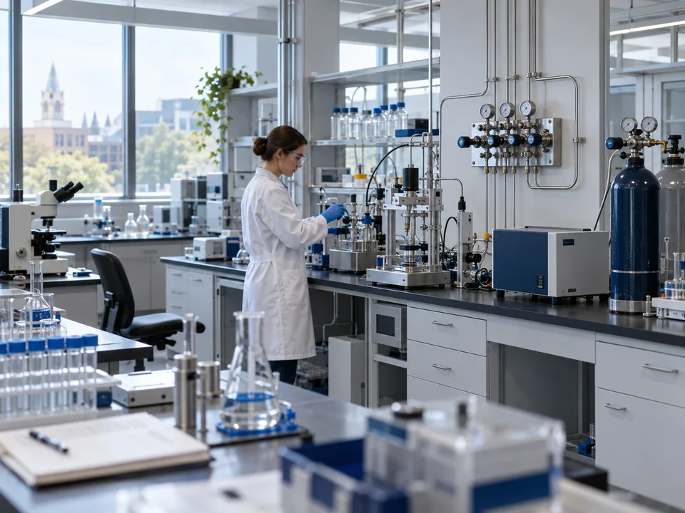 Research laboratory with gas distribution lines and instrument connections