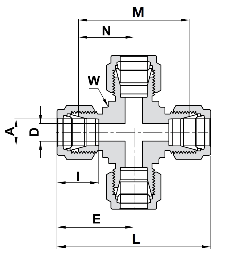 7102L 316L UHP Union Cross Fitting technical image 1