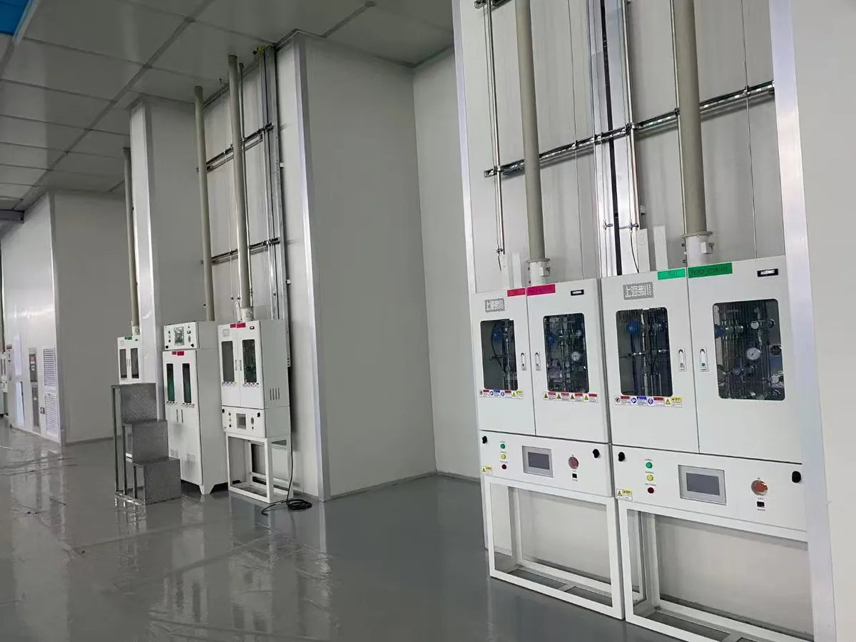 Installed ventilated specialty gas cabinets with dedicated overhead connections
