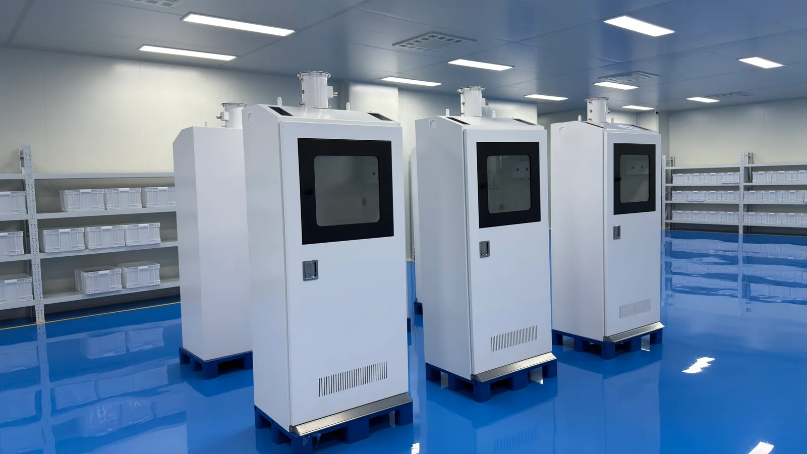 Gas cabinets staged in a clean manufacturing room