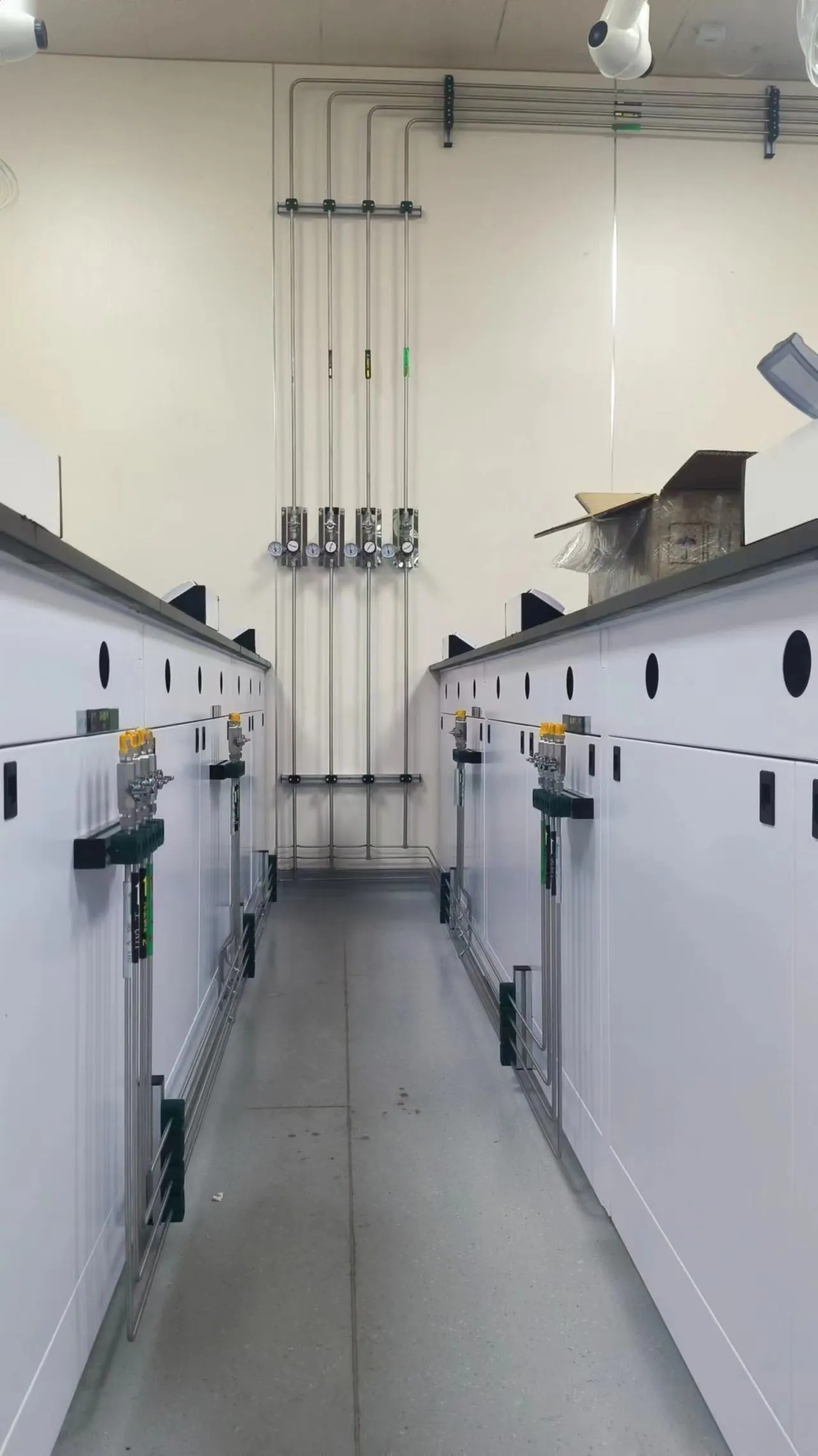 Wall-mounted stainless-steel gas distribution lines and terminal valves